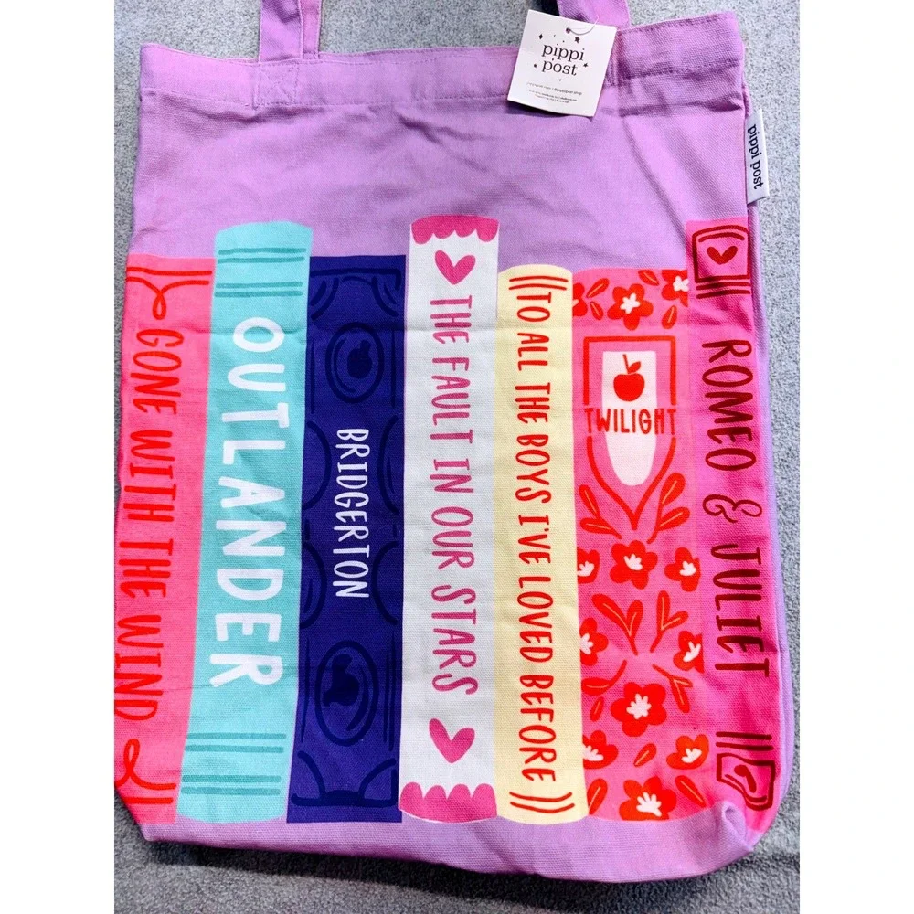 Pippi Post Book Lover Canvas Tote Bag NWT Purple Book Stack Library Reader Gift